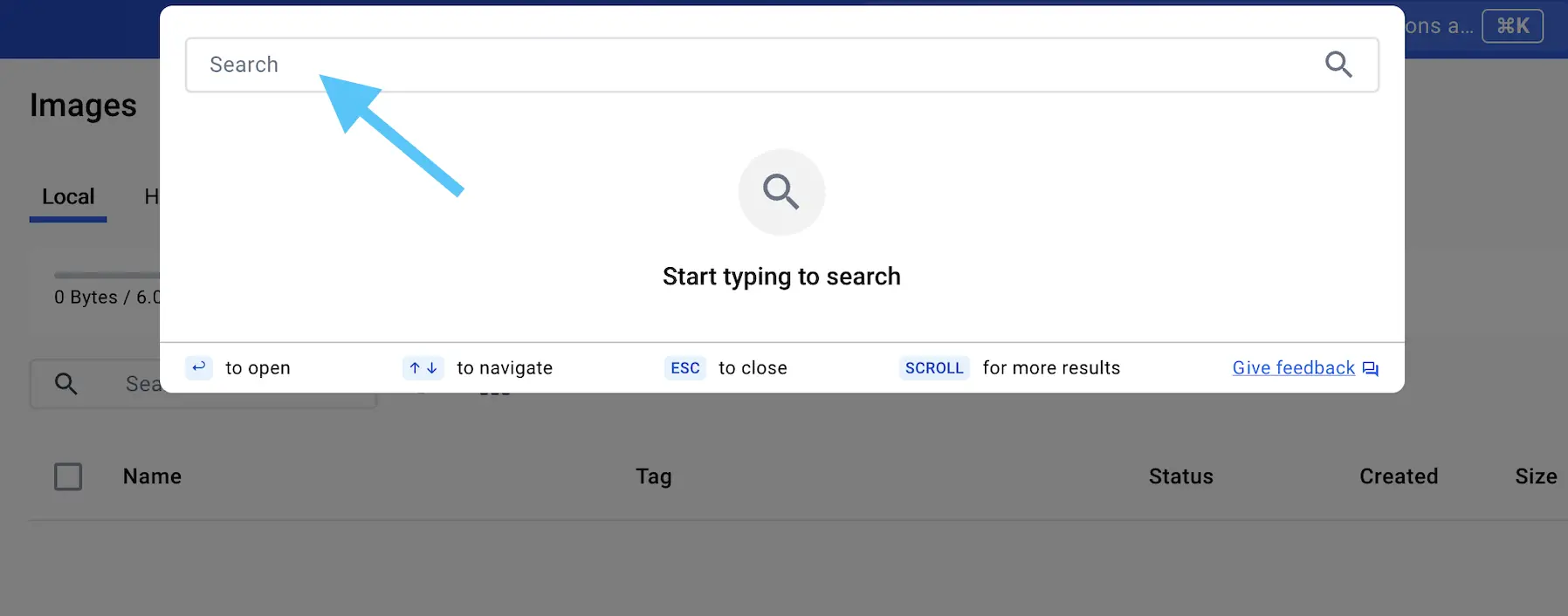 A screenshot of the Docker Dashboard showing the search ta